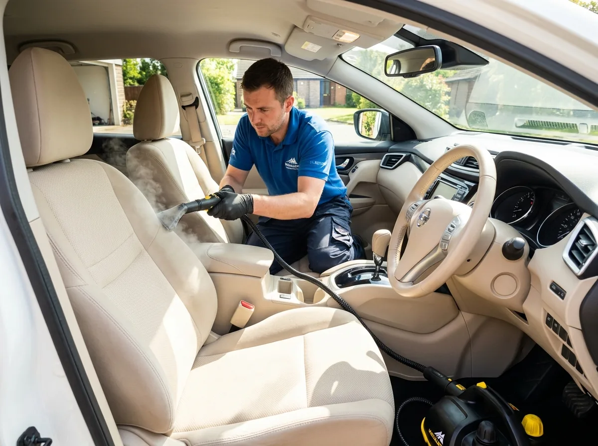 Steam cleaning a car interior on the Sunshine Coast